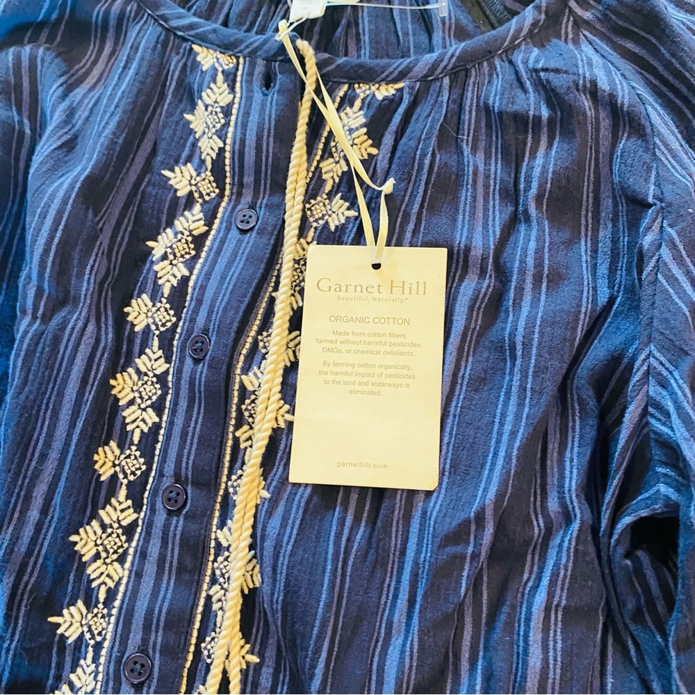 GARNET HILL NWT Blue Stripe Embroidered Tassel Peasant Dress - Picture 7 of 7